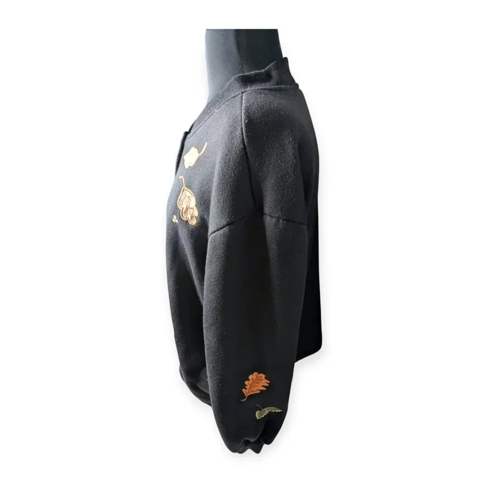BonWorth Black Button Front Cardigan Leaf Squirrel & Fall Designs Size Large Pet